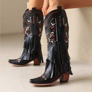 Cowgirl Western Boots Fringe Tassel Chunky High Heels Mid Calf Slip On